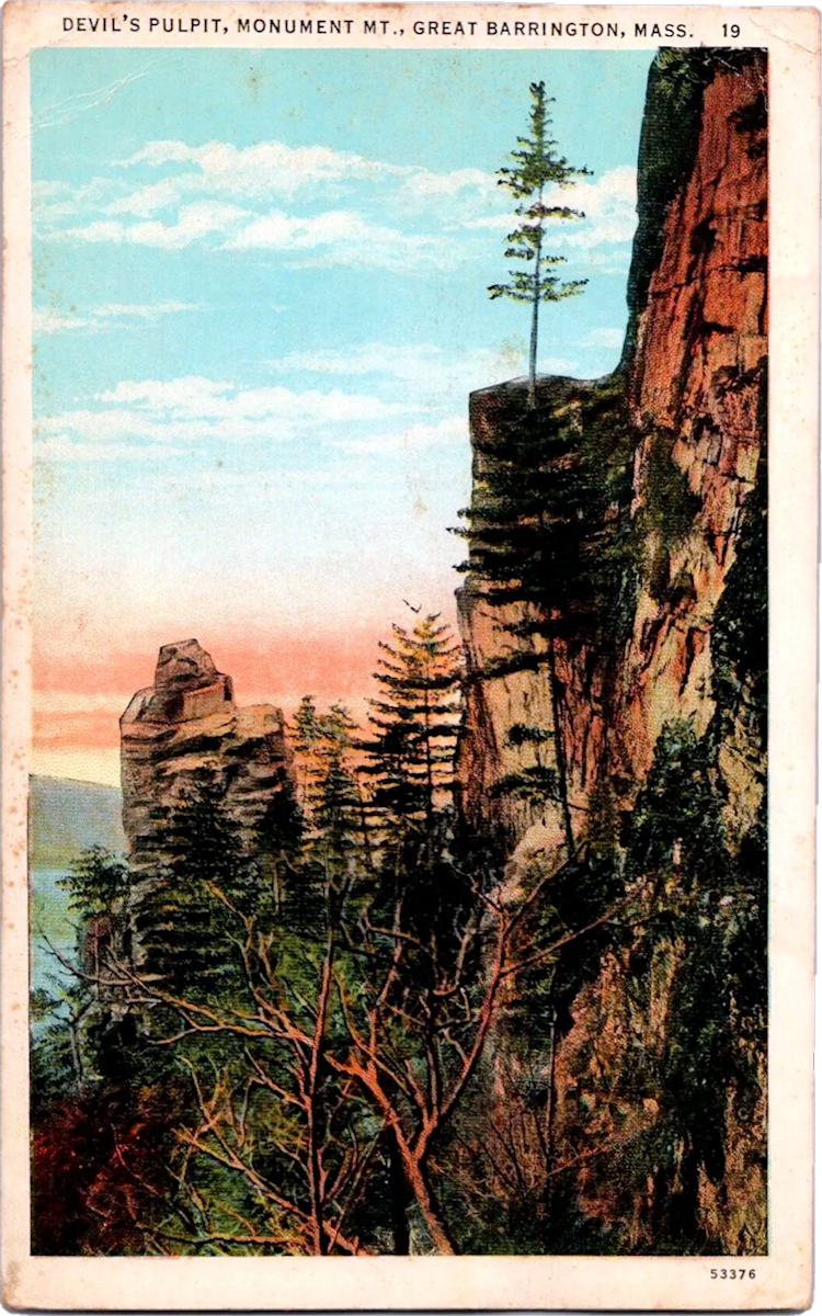 An old postcard of the main feature of Monument Mountain