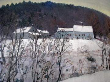 A close up of the house from the painting