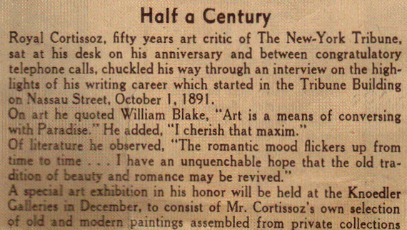 Newspaper article marking Royal Cortissoz 50th anniversary as art critic 