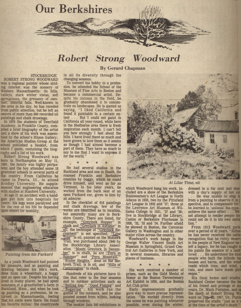 Berkshire Eagle Critique, an article titled Our Berkshires - Robert Strong Woodward by Gerard Chapman, March 31, 1987 