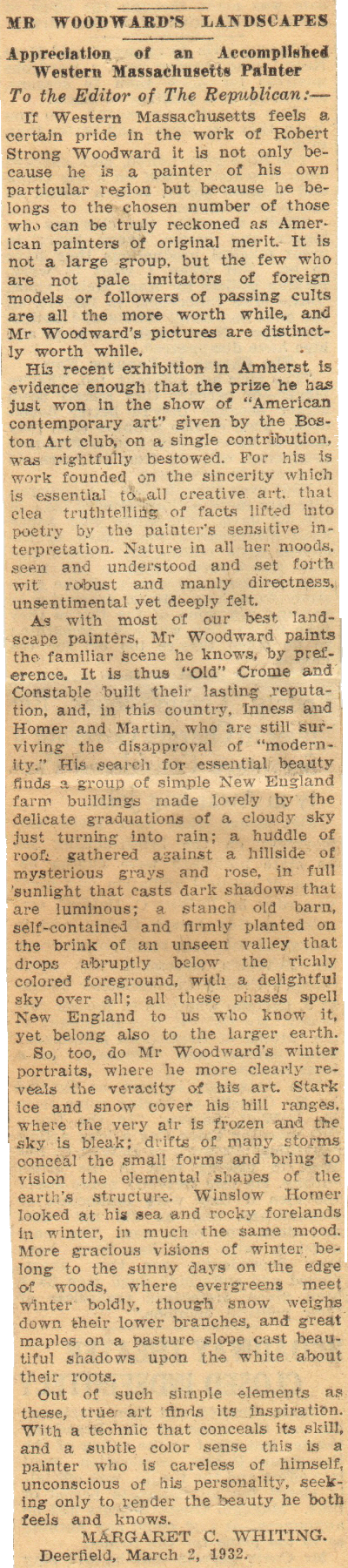 Margaret Whiting Critique, a letter to the Editor of the Springfield Republican, March 2, 1932 