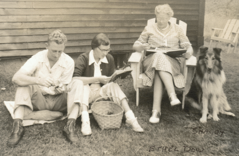 Ethel Dow cleaning mushrooms with the author Mark Purinton and his future wife Barbara Purinton with her dog Shaggy