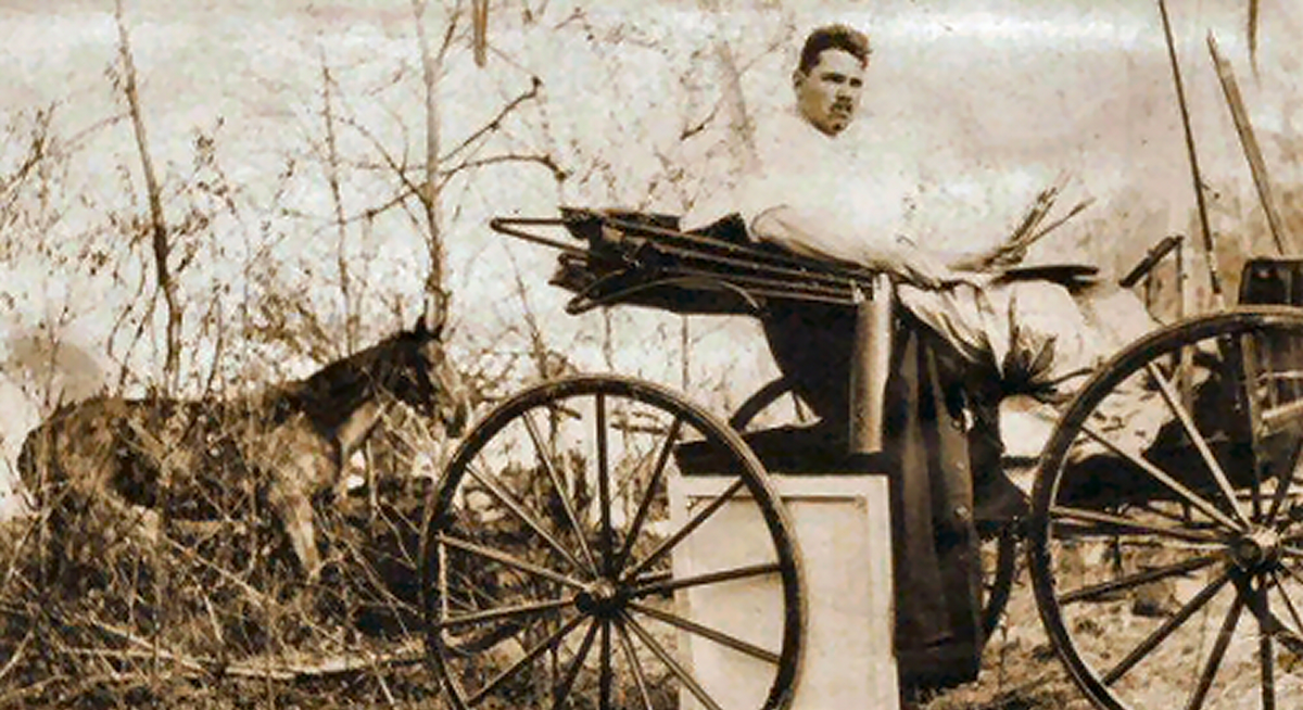 RSW on his buggy with Thomas  Kempis tied to a tree behind him.