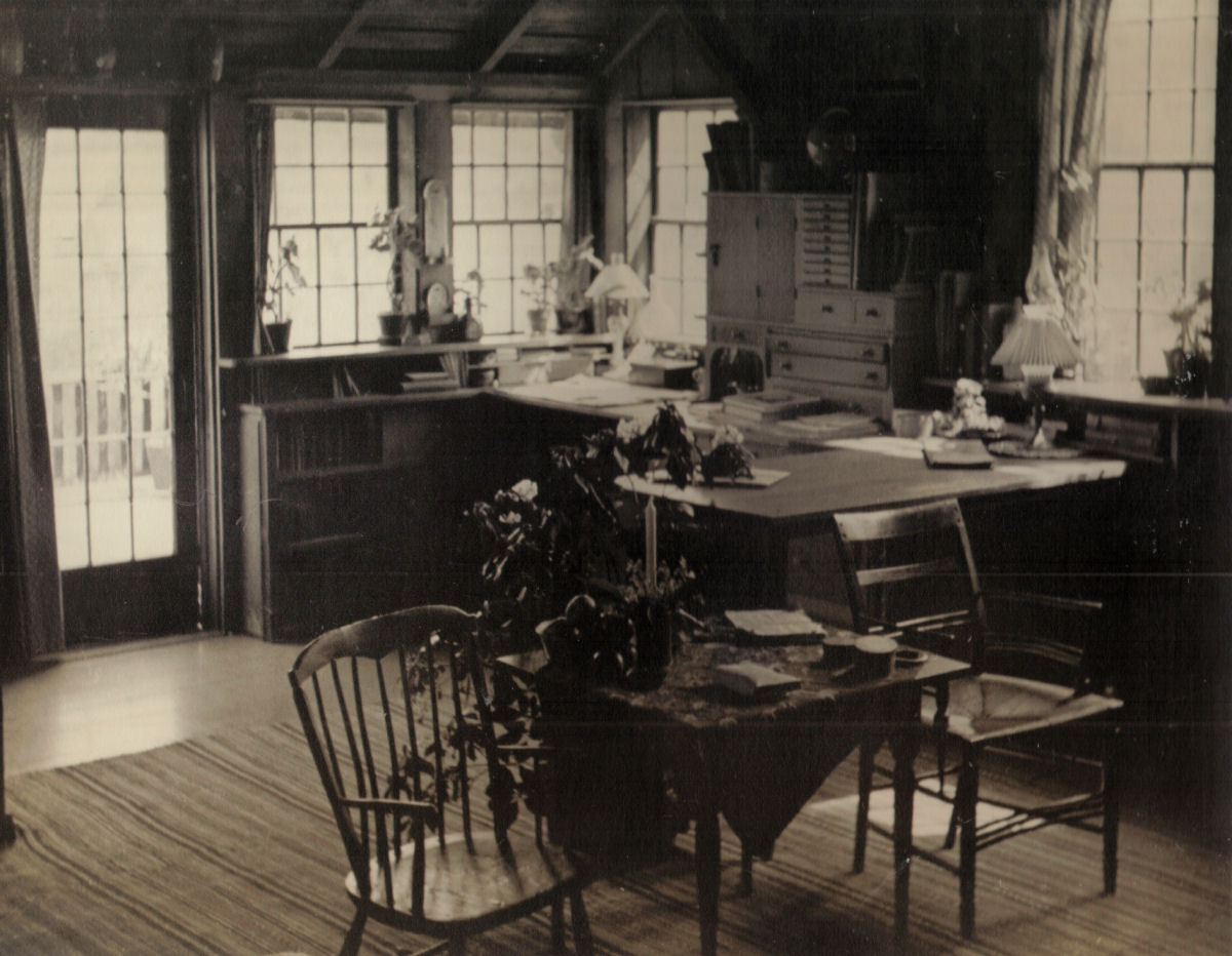 Interior of Southwick Studio looking towards the desk corner 