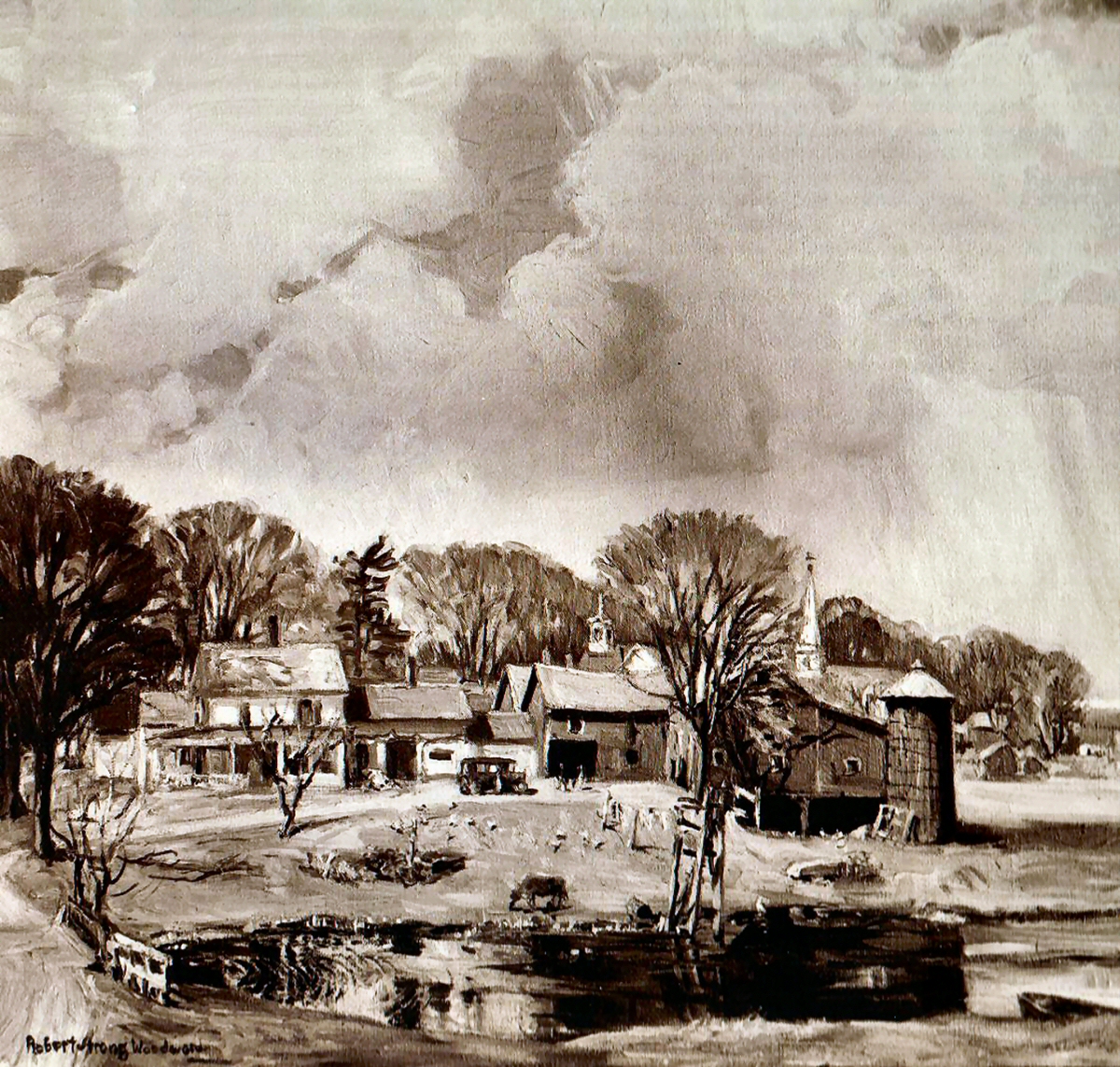 The Village in Spring Sepia Print