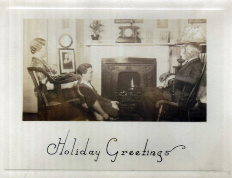 The Bridgman's 1938 Christmas Card with Ruth, Lucy, and their father